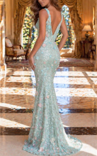 Jovani - V Neck Sequin Floral Prom Dress With Slit