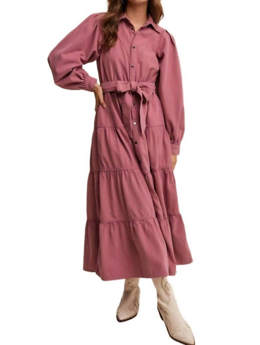 Knit & Lounge - Tiered Belted Button Down Maxi Shirt Dress