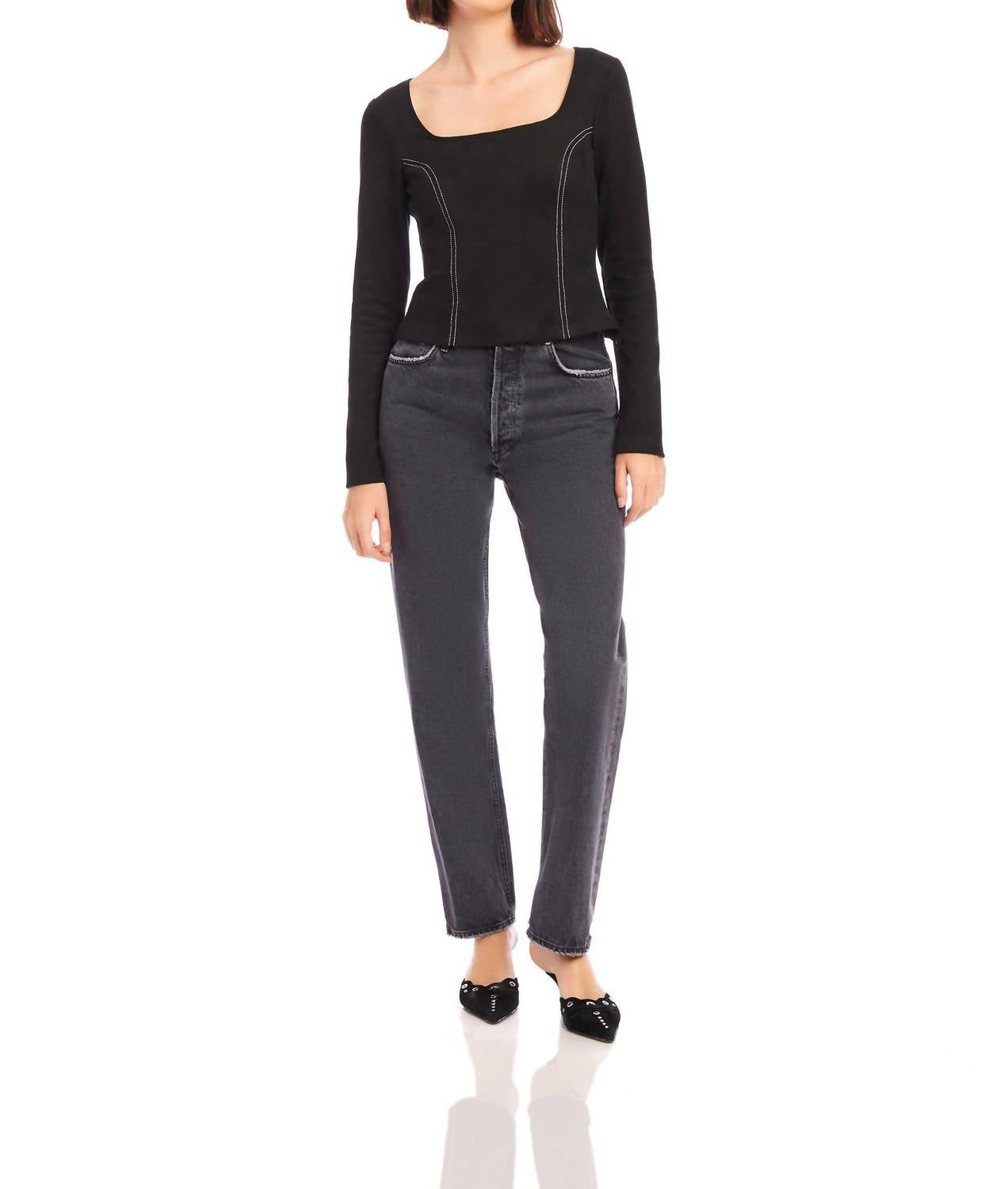 Fifteen Twenty - Faux Suede Stitch Long Sleeve Top