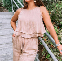 GILLI Linen Cropped Top and Frayed Wide Leg Pant Set in tan - women's pants - detail view