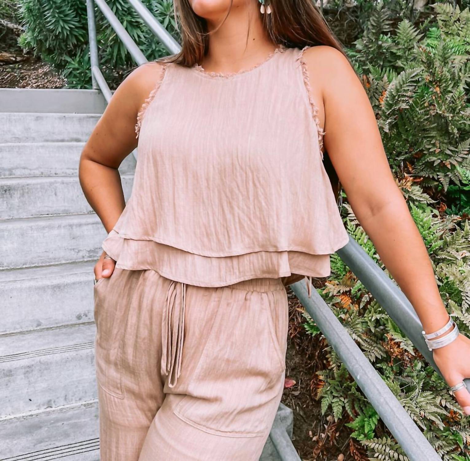 GILLI Linen Cropped Top and Frayed Wide Leg Pant Set in tan - women's pants - detail view