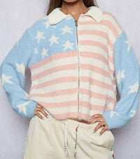 POL American Flag Mohair Sweater Jacket in pink baby blue - women's jacket