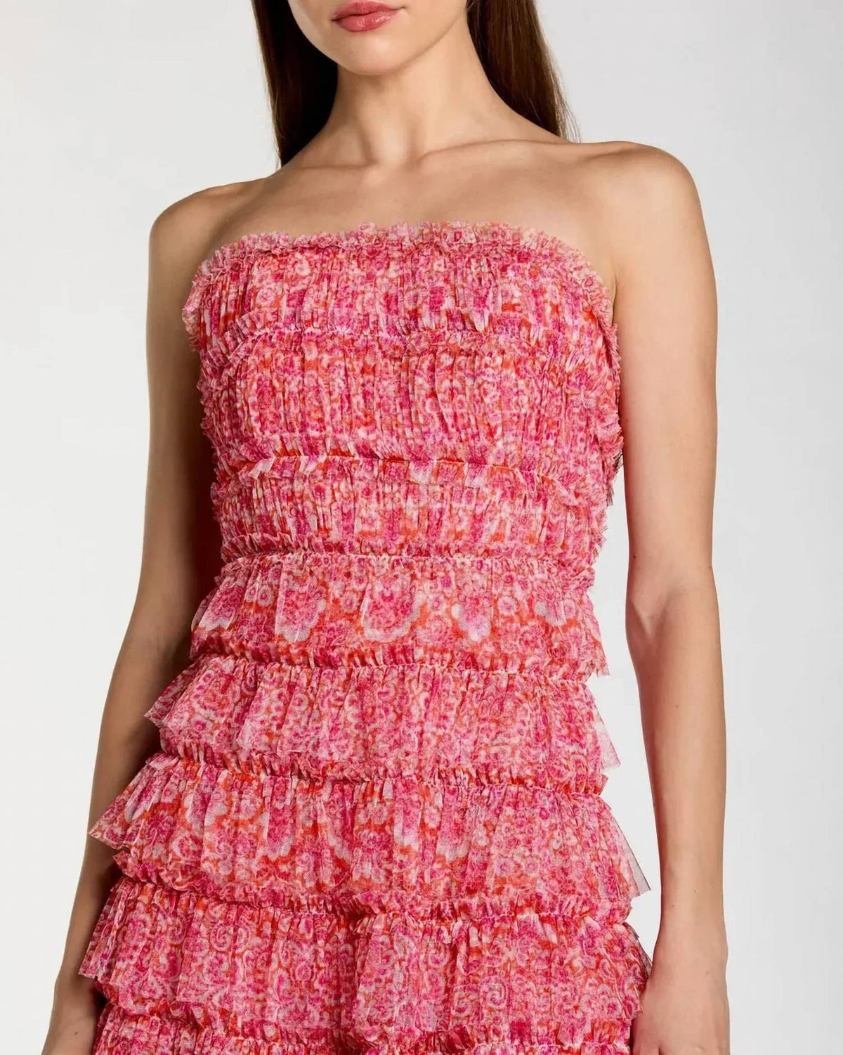 Mac Duggal - Floral Strapless Ruffle Midi Dress