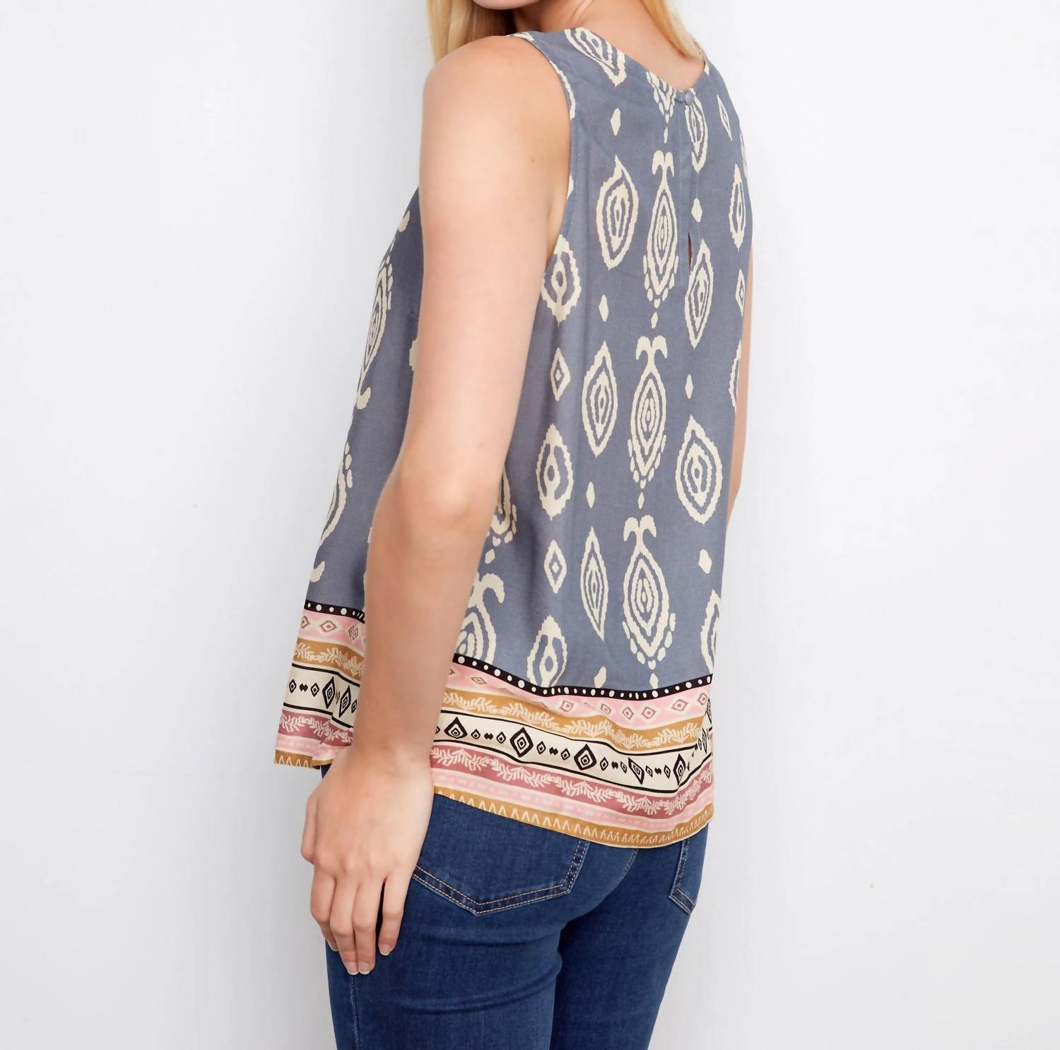 Charlie B - Border Print Sleeveless Keyhole Back Blouse