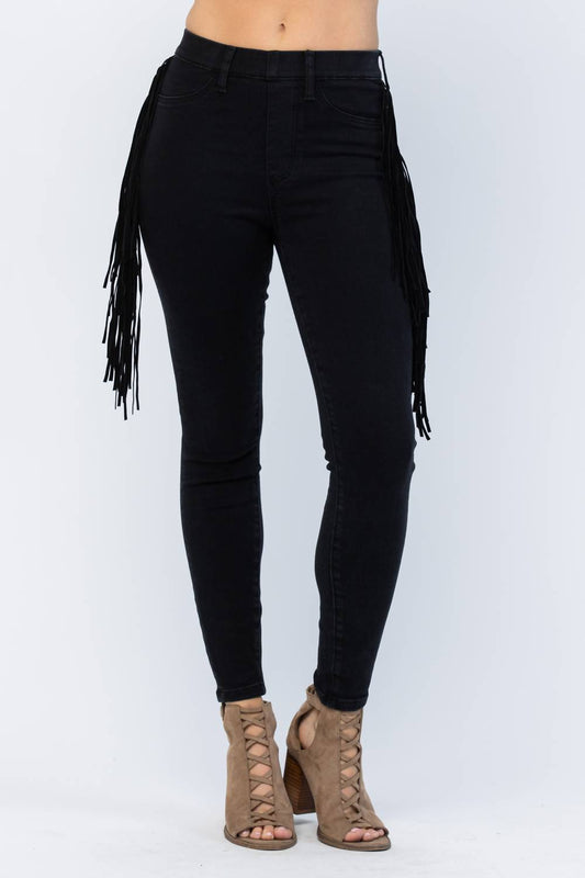 Judy Blue - High-rise Side Fringe Black Skinny Jegging Jeans