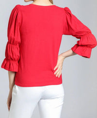 APNY V Neck Renaissance Sleeve Blouse in rocco red - women's blouse - alternate view