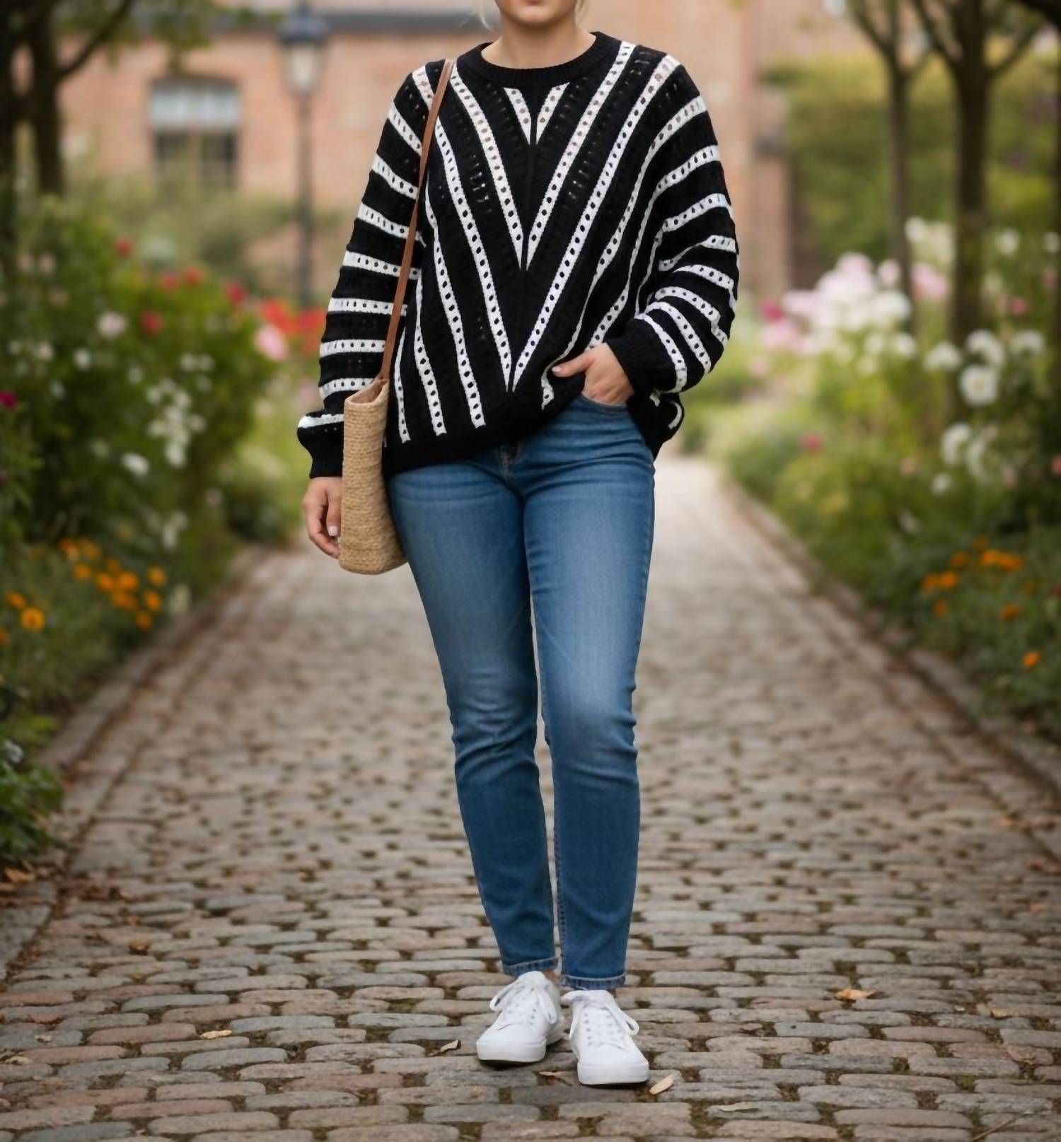 Blu Pepper Crochet Crewneck Sweater in black white - women's sweater