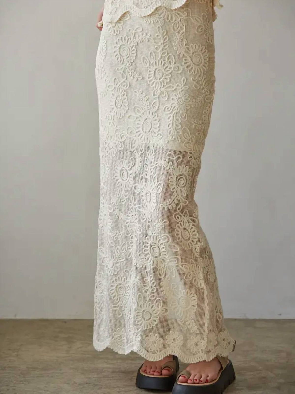 By Together - Woven Cotton Floral Lace Work Midi Skirt