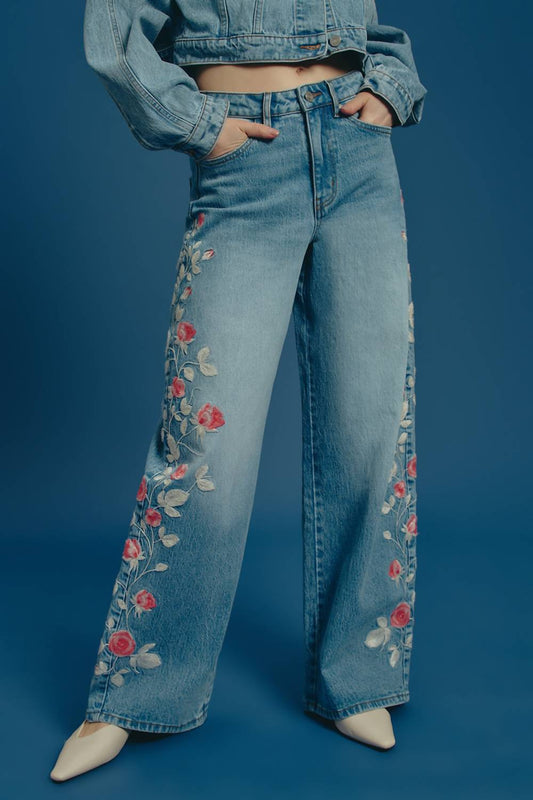 Bayeas - Embroidered Barrel Leg Jeans