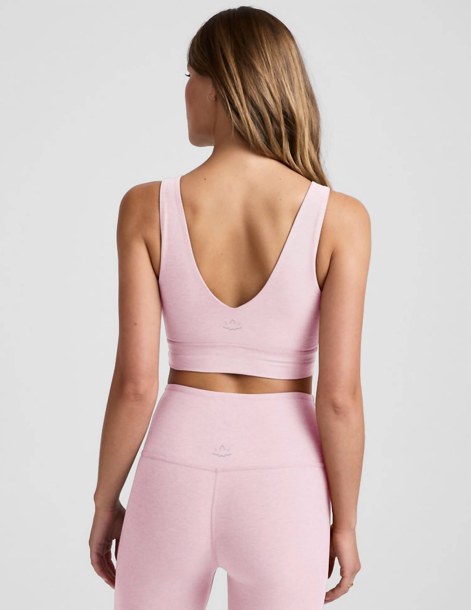 BEYOND YOGA Spacedye Good Day Long Line Bra in frost pink - women's intimate - detail view