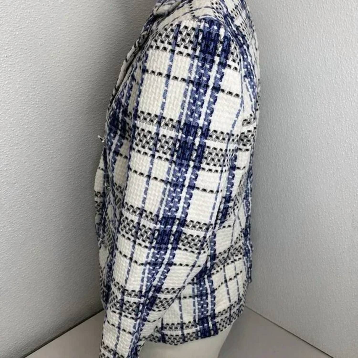 Ecru Women's Tweed Double Breasted Plaid Blazer in blue white - women's jacket - view 4
