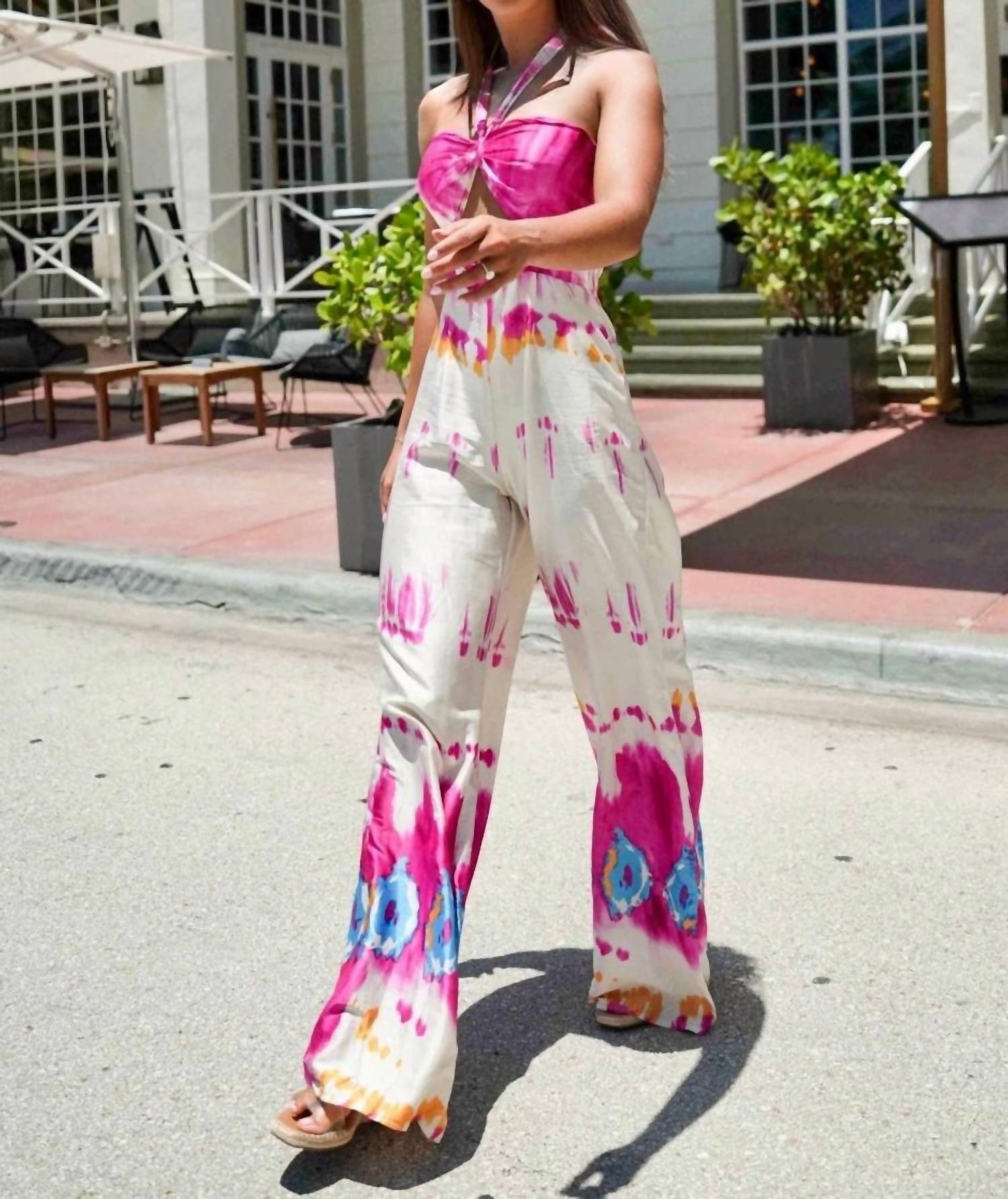 Pretty Garbage Palm Springs Jumpsuit in pink multi - women's pants - detail view