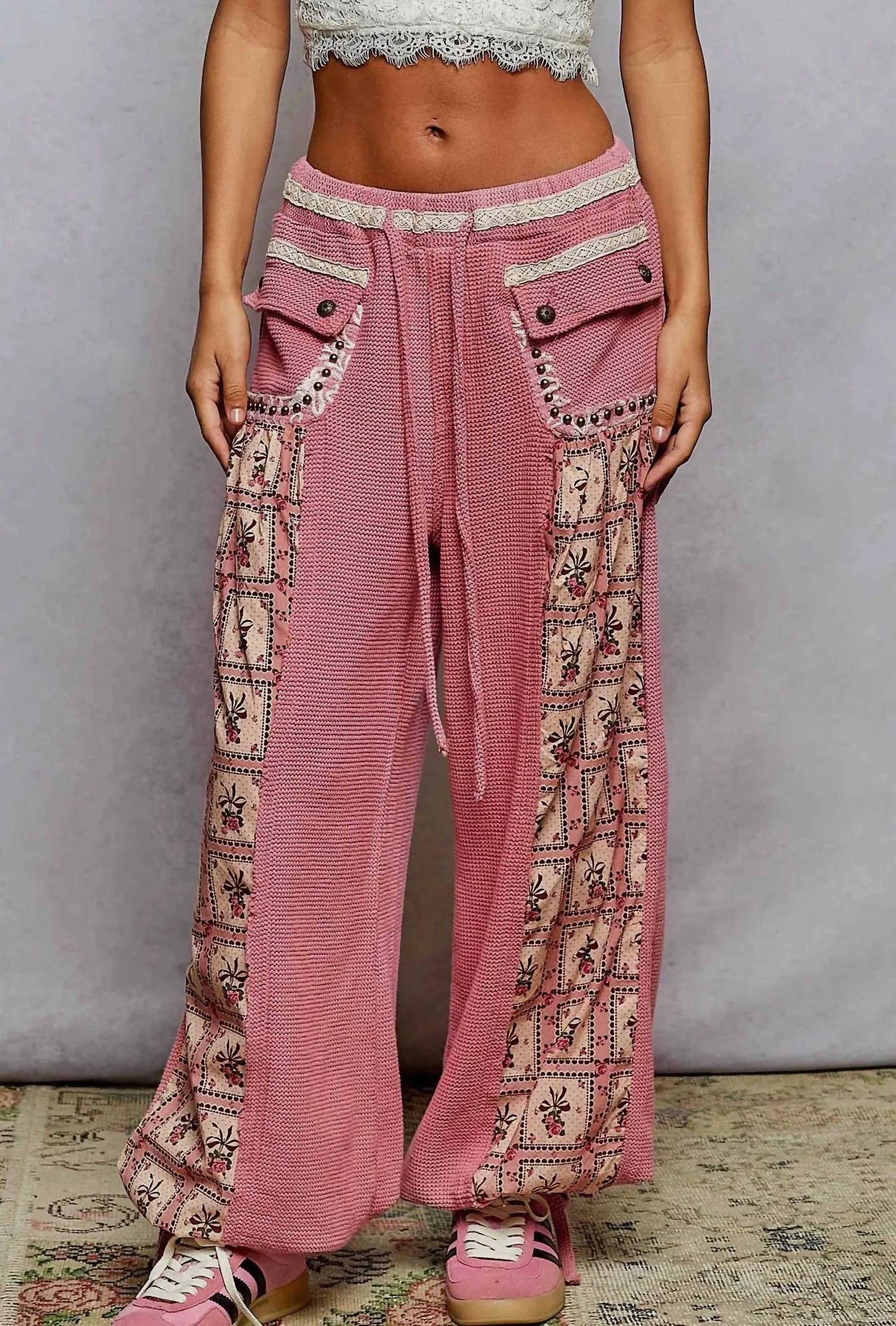 Pol - Printed Contrast Stud Button Joggers