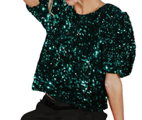 Vine & Love - Velvet Sequin Accent Round Neck Puff Sleeve Blouse