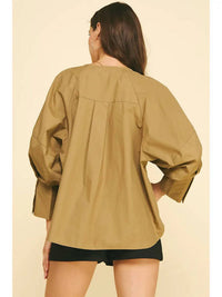 PINCH Chloe Button Down Top in khaki - women's long sleeve top - view 4