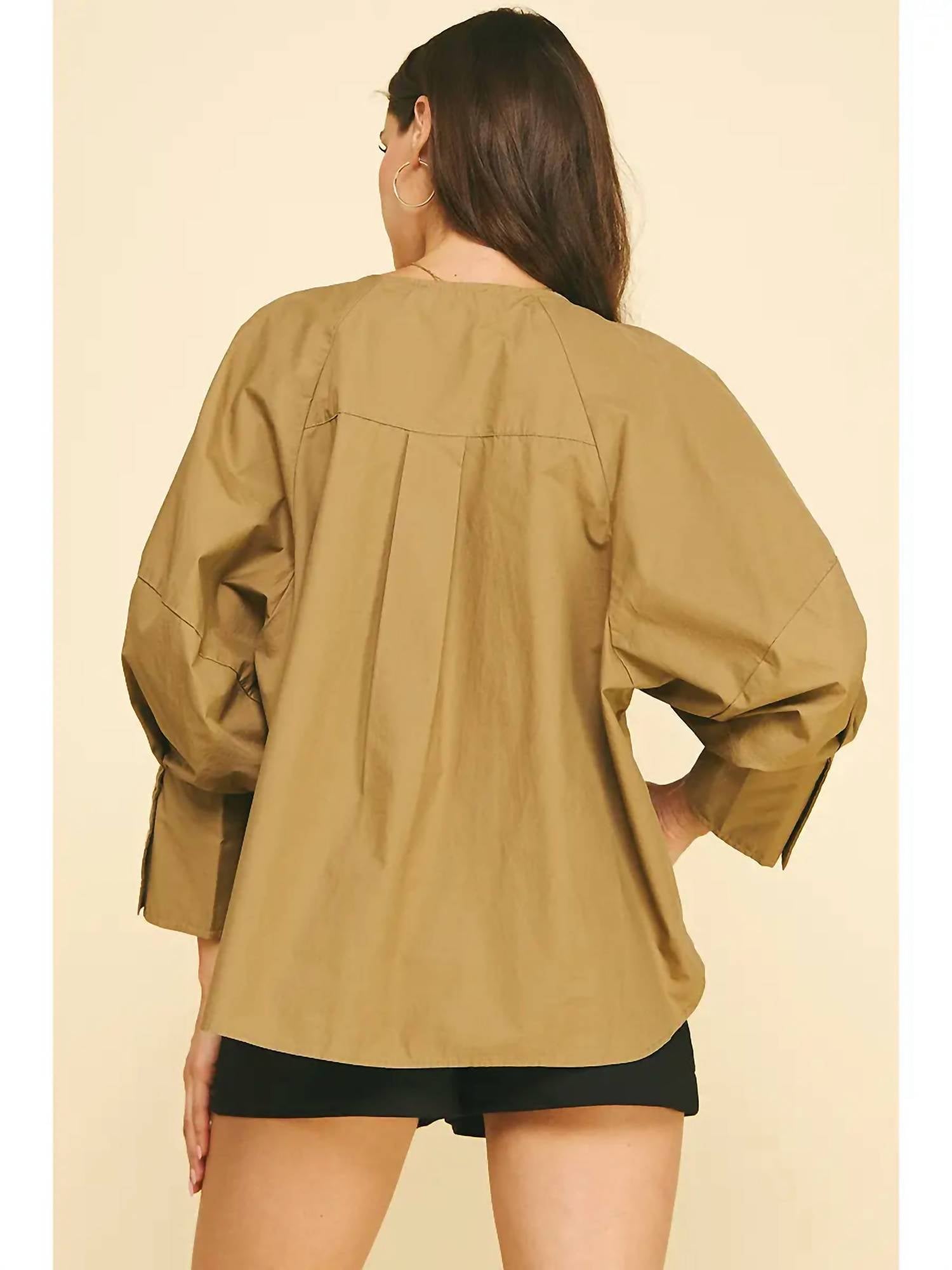 PINCH Chloe Button Down Top in khaki - women's long sleeve top - view 4