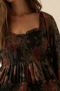 Promesa - Floral-print Smocked Bubble Sleeve Maxi Dress