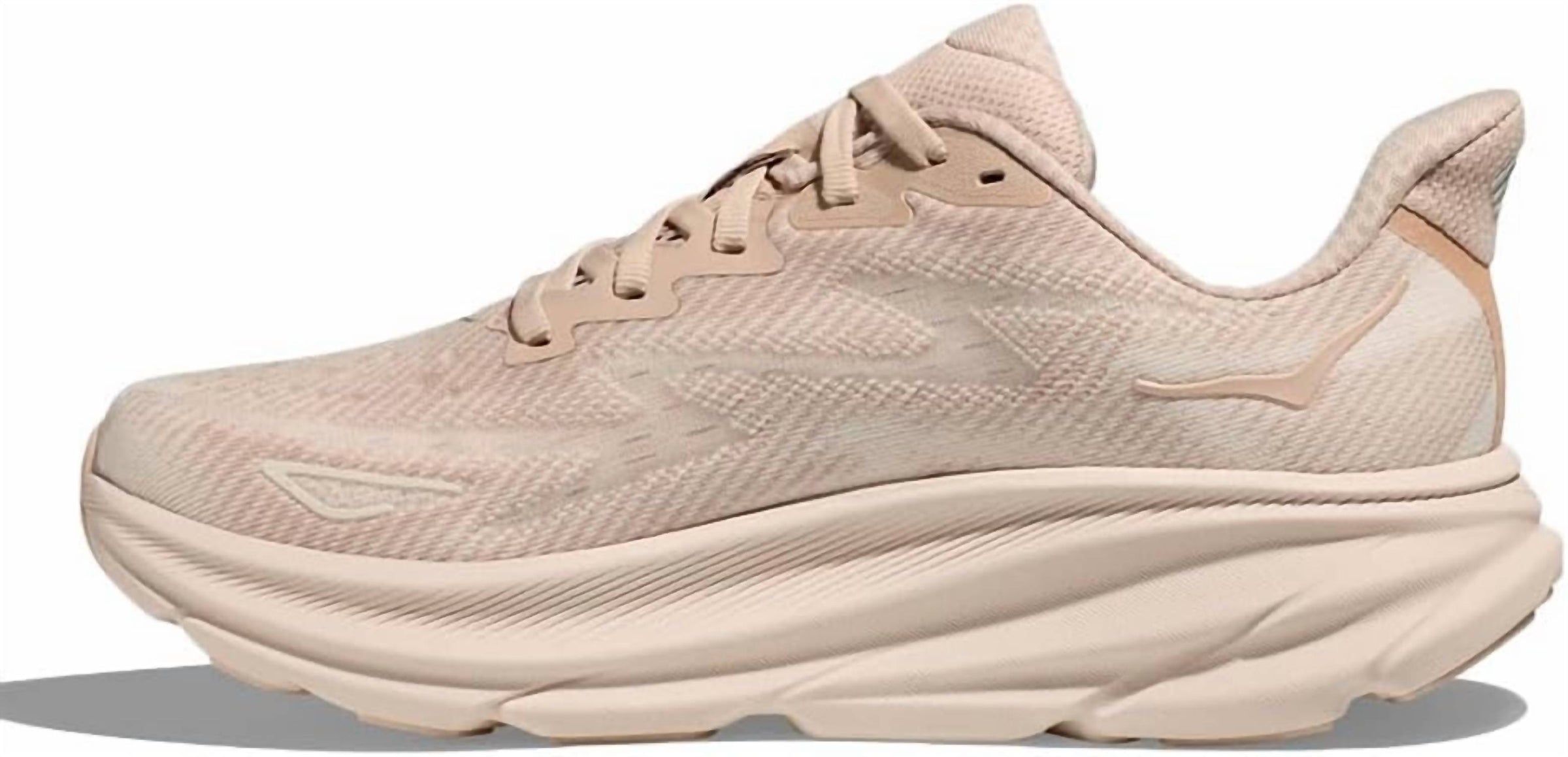 Hoka Women's Clifton 9 Running Shoes in shifting sand eggnog 1 - women's shoe - alternate view