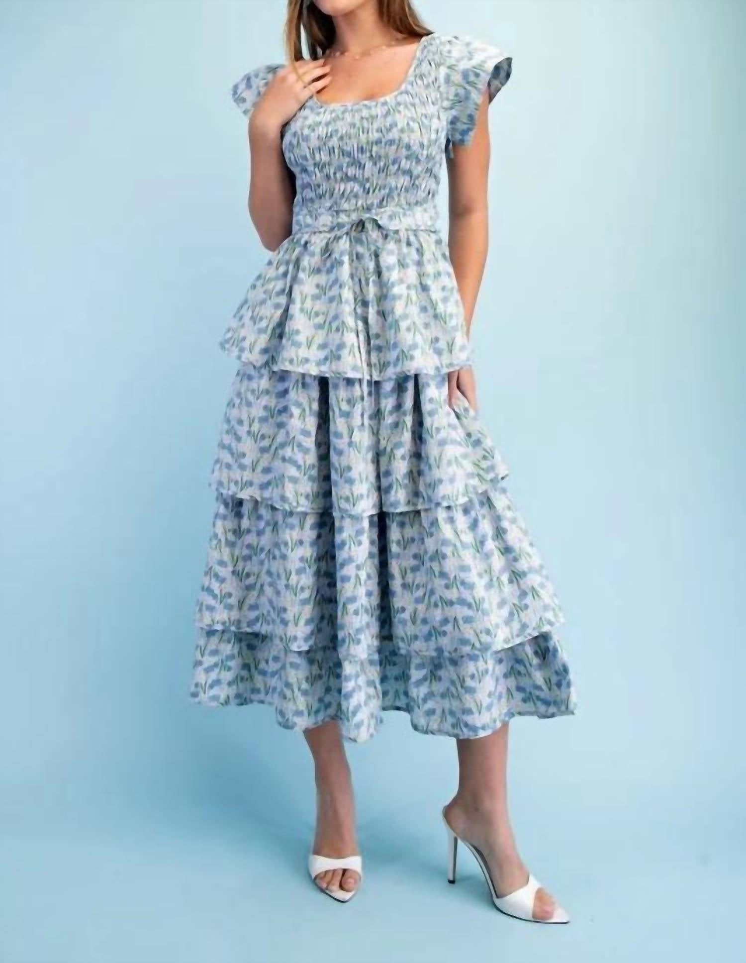 Gigio - Floral Tiered Elastic Waist Midi Dress