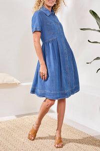 TRIBAL Button Down Flowy Dress in fjord blue - women's dress - alternate view