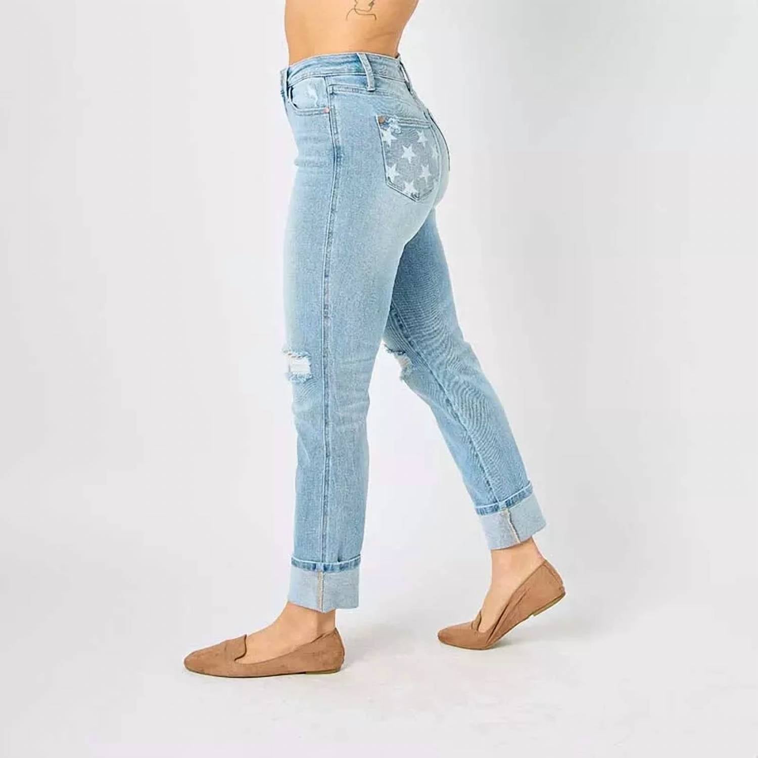 Judy Blue Star Bright Boyfriend Jeans in light wash blue - women's jeans - view 6