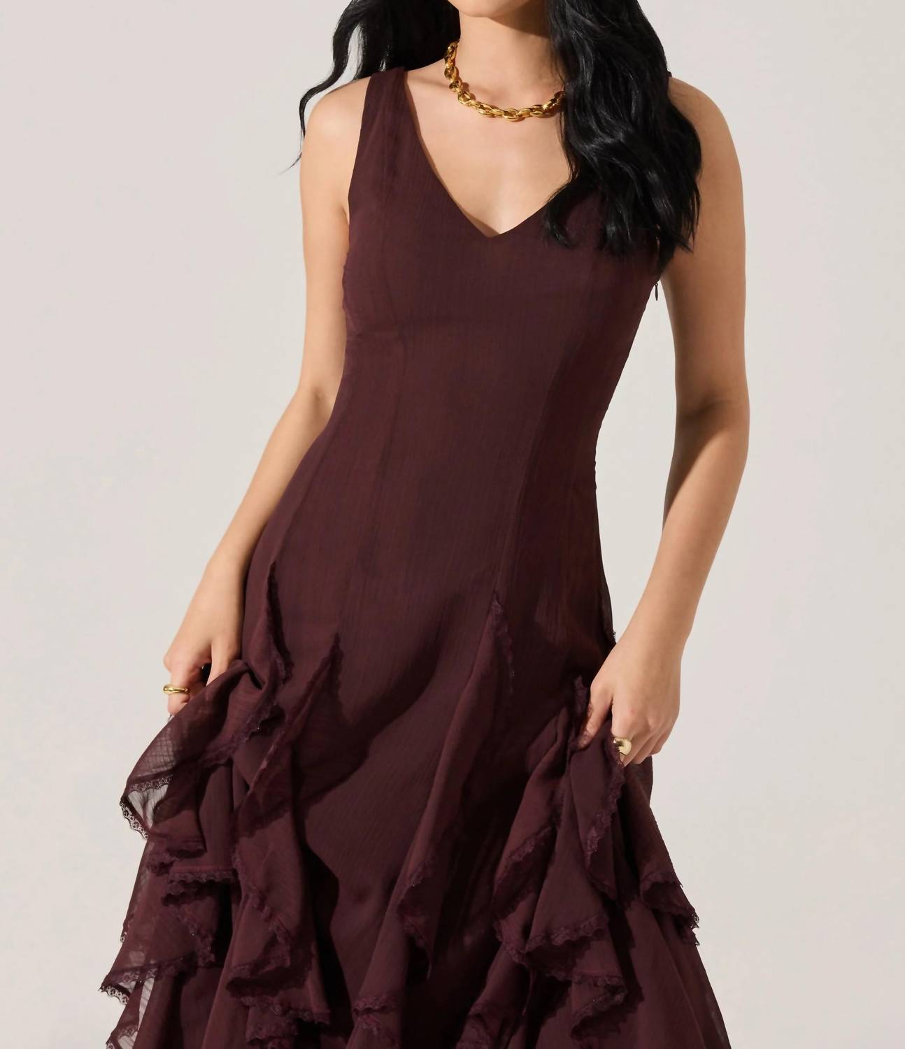 Astr - Philomene V-neck Ruffle Trim Dress