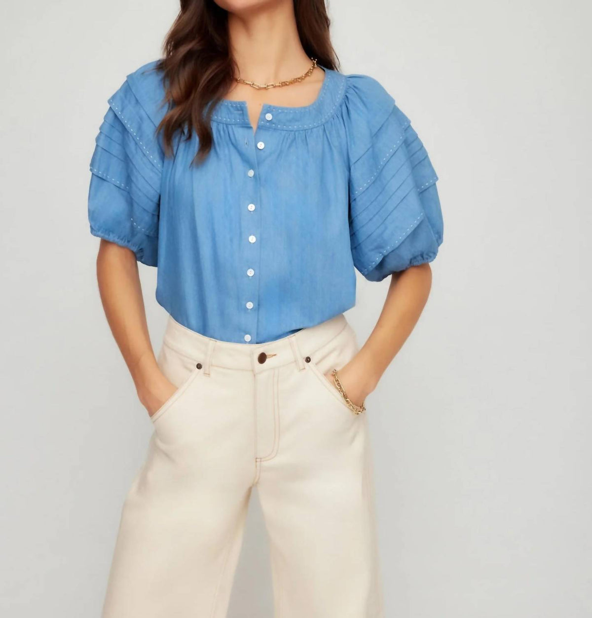 Fifteen Twenty - Shay Contrast Stitch Peasant Top