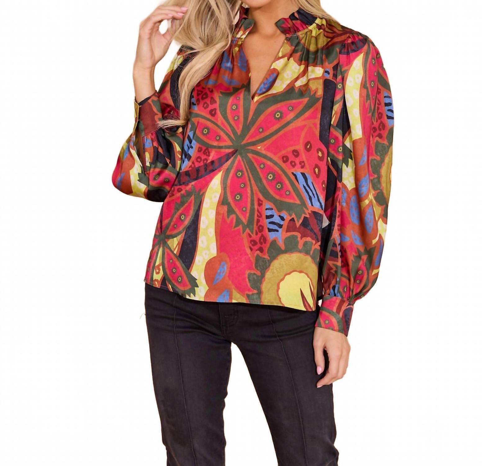 Alden Adair Phoebe Long Sleeve Top in jungle floral - women's long sleeve top - detail view