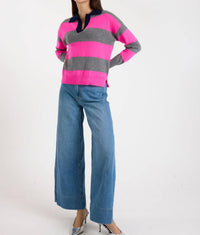 Brodie Cashmere Ruby Rugby Cashmere Polo in mid grey - women's long sleeve top - detail view