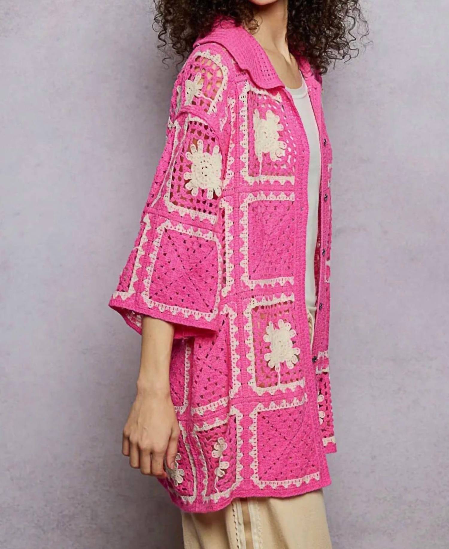Pol - Short Sleeve Granny Square Crochet Shirt Top