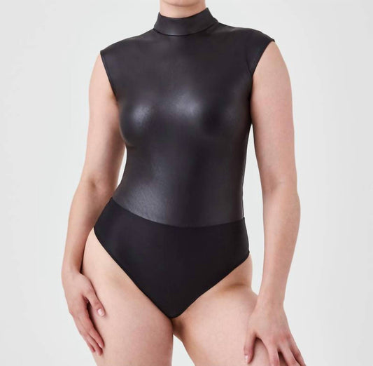 LEATHER-LIKE MOCK NECK BODYSUIT