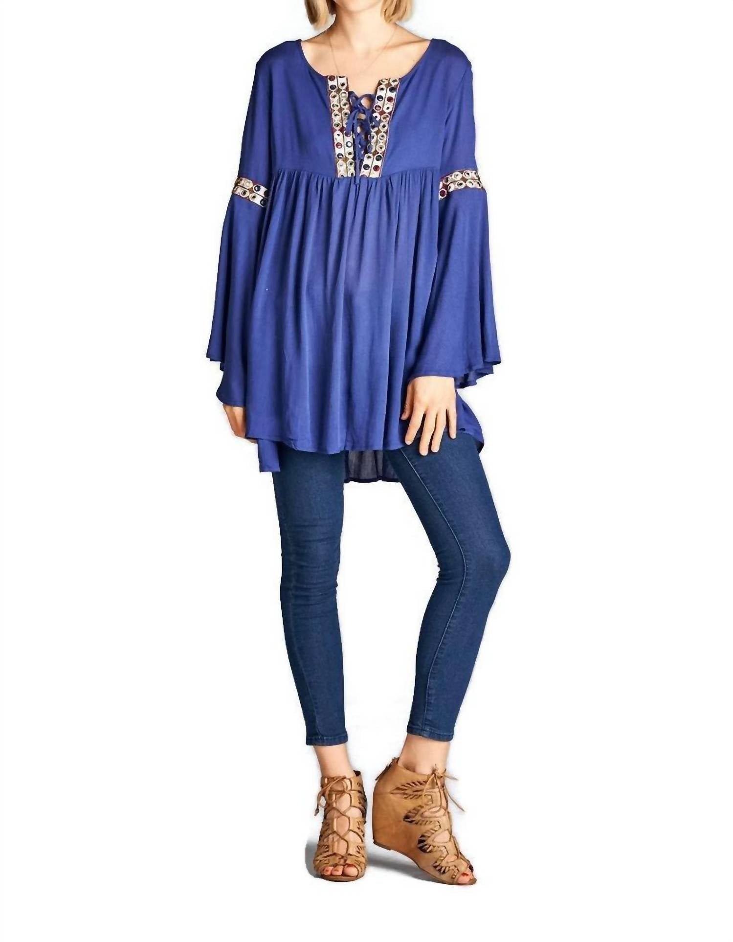 Velzera - Embroidered Bell Sleeve Top