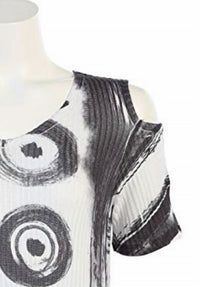 Jess & Jane Women's Puzzle Ribbed Open Shoulder Top in black white abstract - women's blouse - detail view