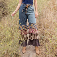 Young Threads - Denim Patchwork Ruffle Flare Pants With Belt