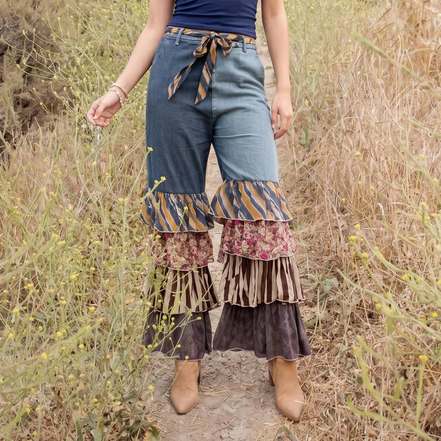 Young Threads - Denim Patchwork Ruffle Flare Pants With Belt