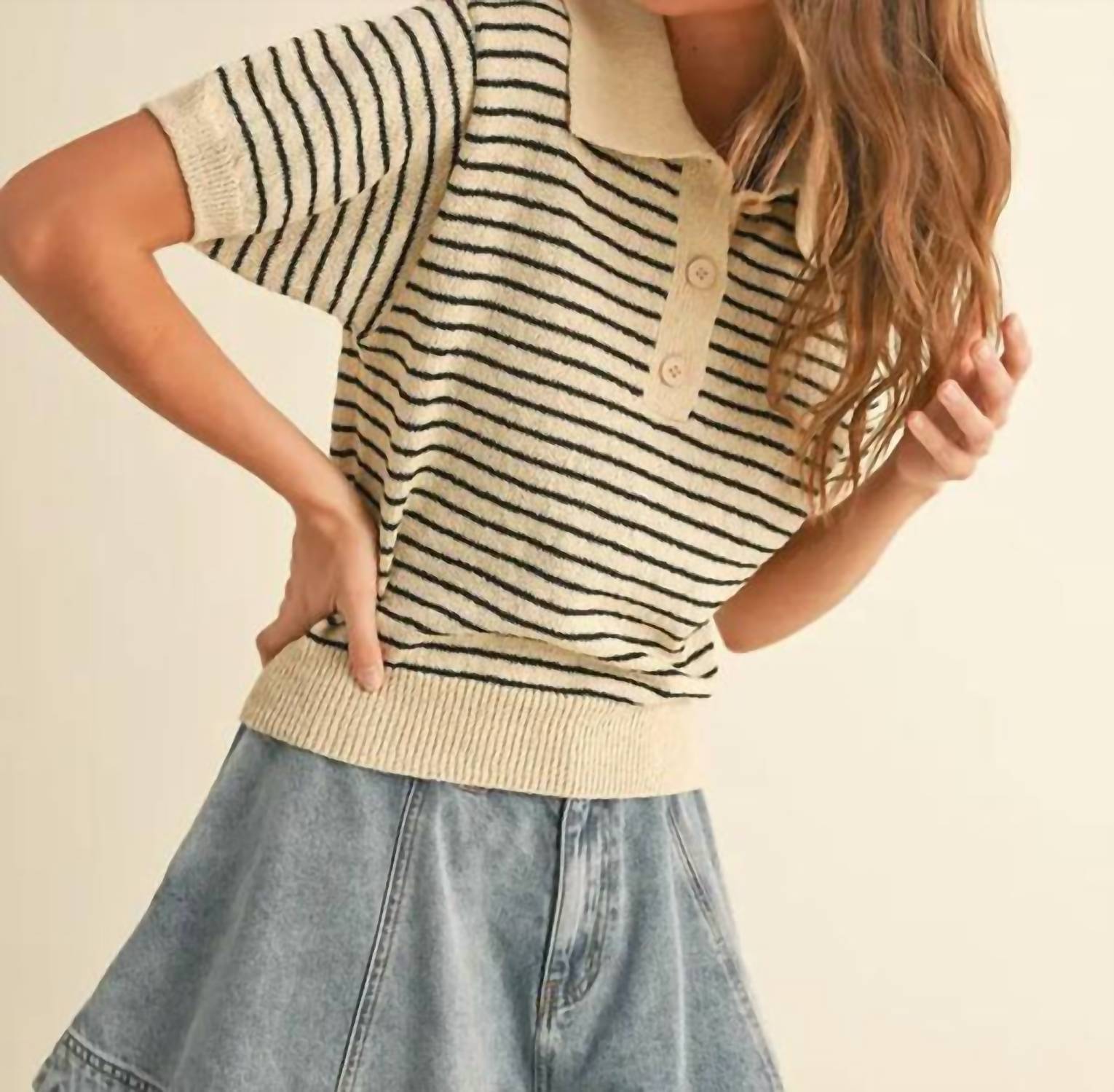 Miou Muse - Demi Striped Knit Collared Top