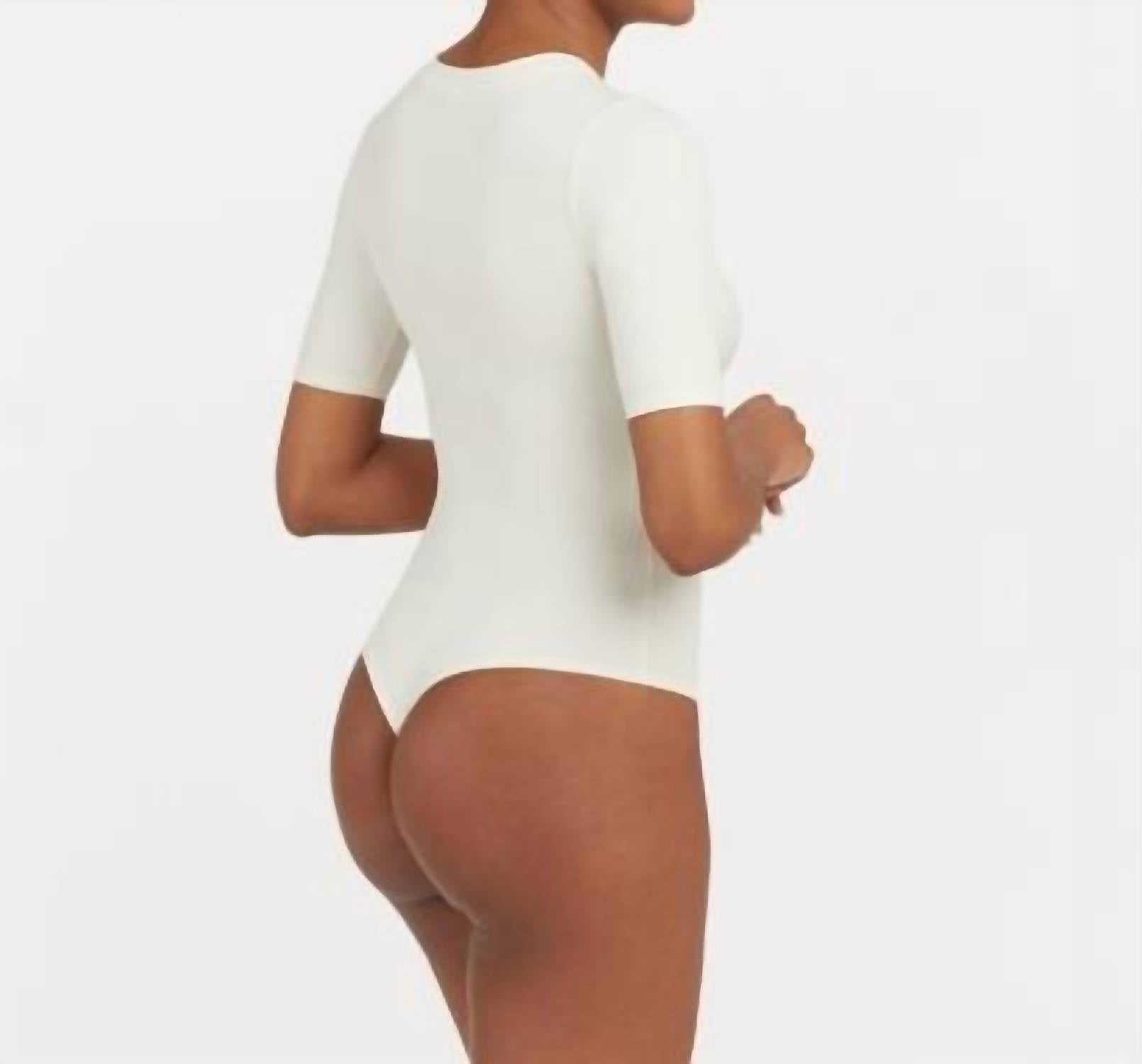 Spanx Suit Yourself Ribbed Crew Neck Short Sleeve Bodysuit in parchment - women's shirt - view 6