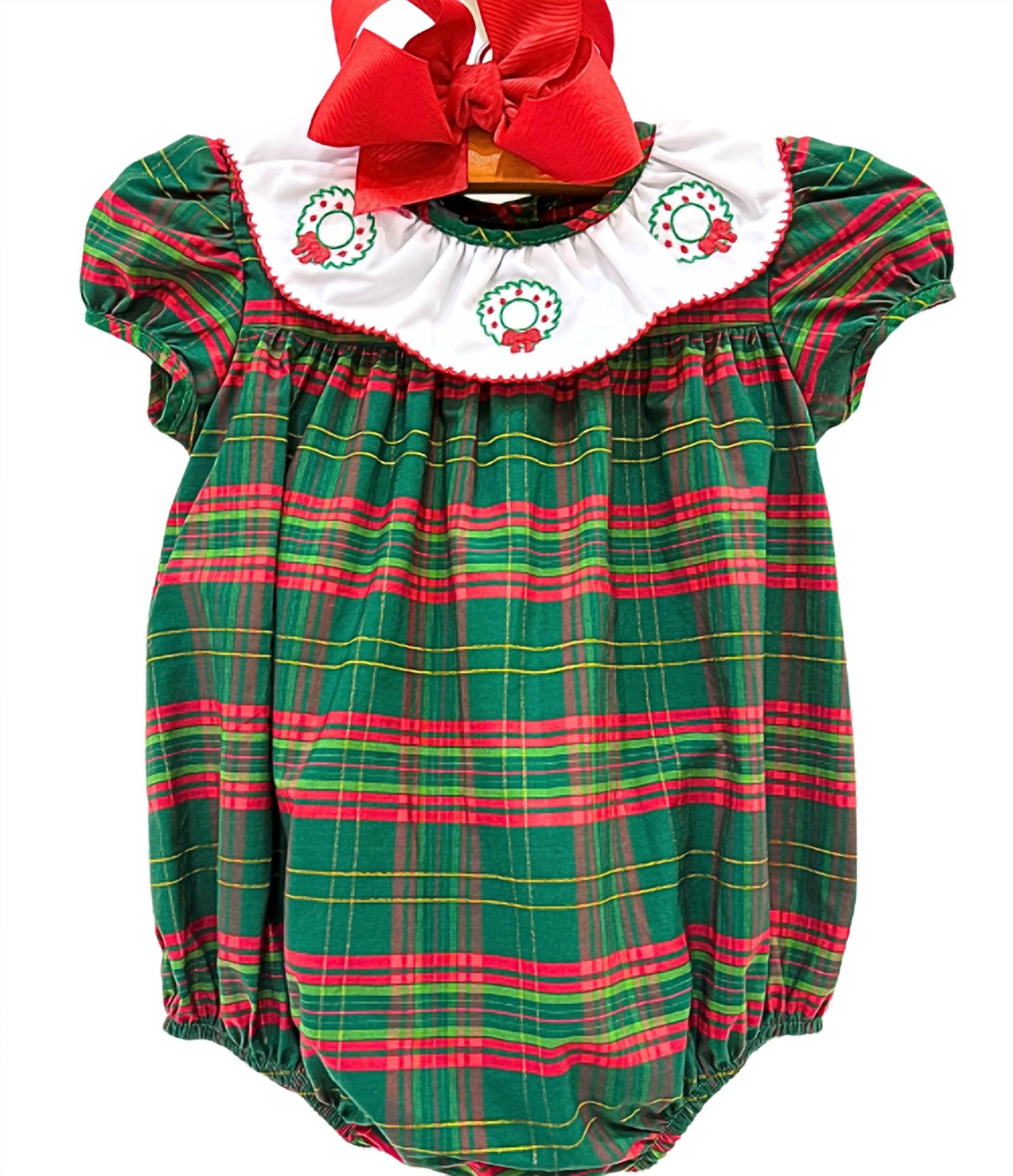 Charming Little One Girl's Berry Wreath Grace Bubble Romper in green multi - kids' item - detail view
