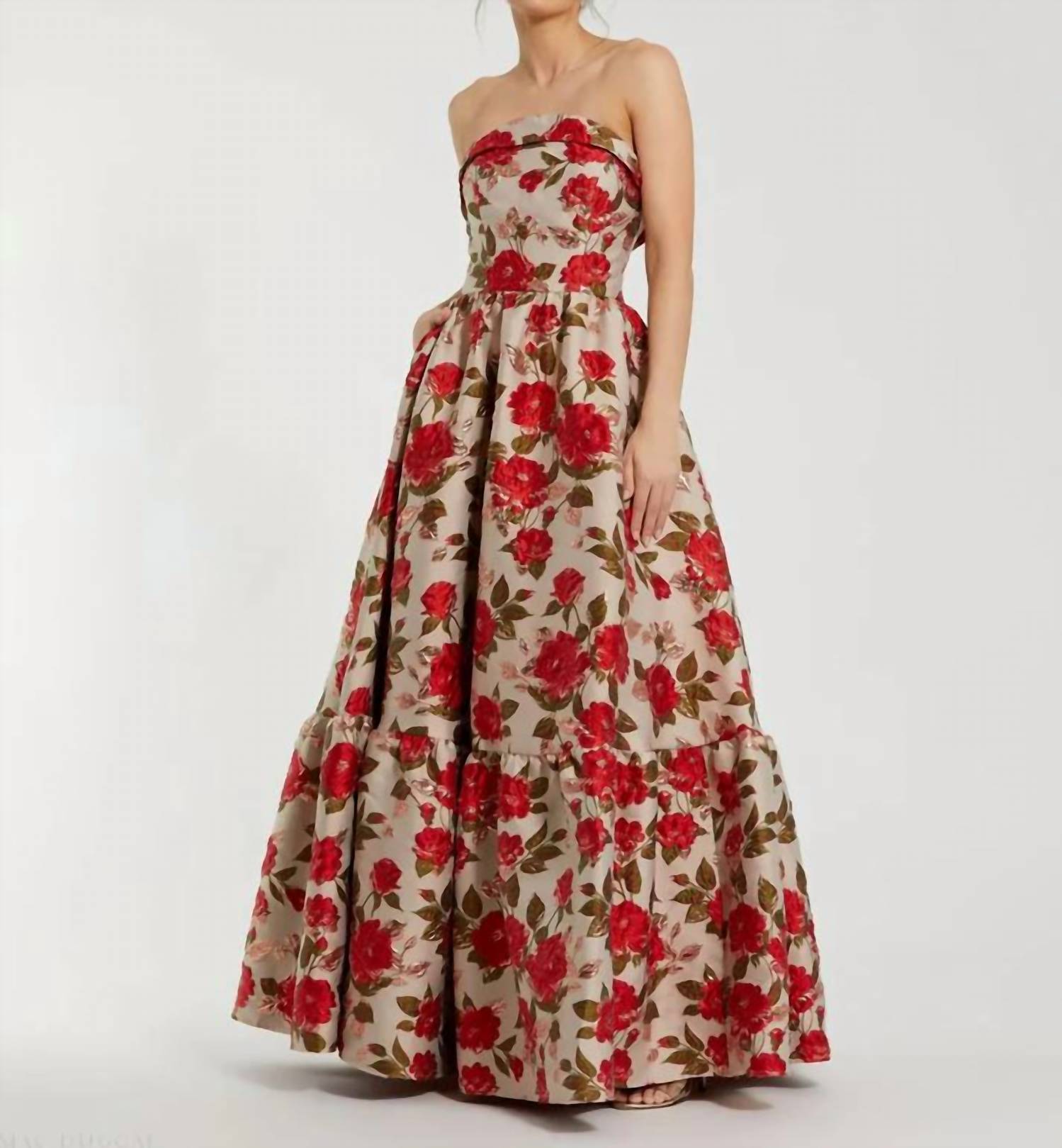 MAC DUGGAL Brocade Strapless Floral Gown With Ruffle Hem in antique multi - women's dress