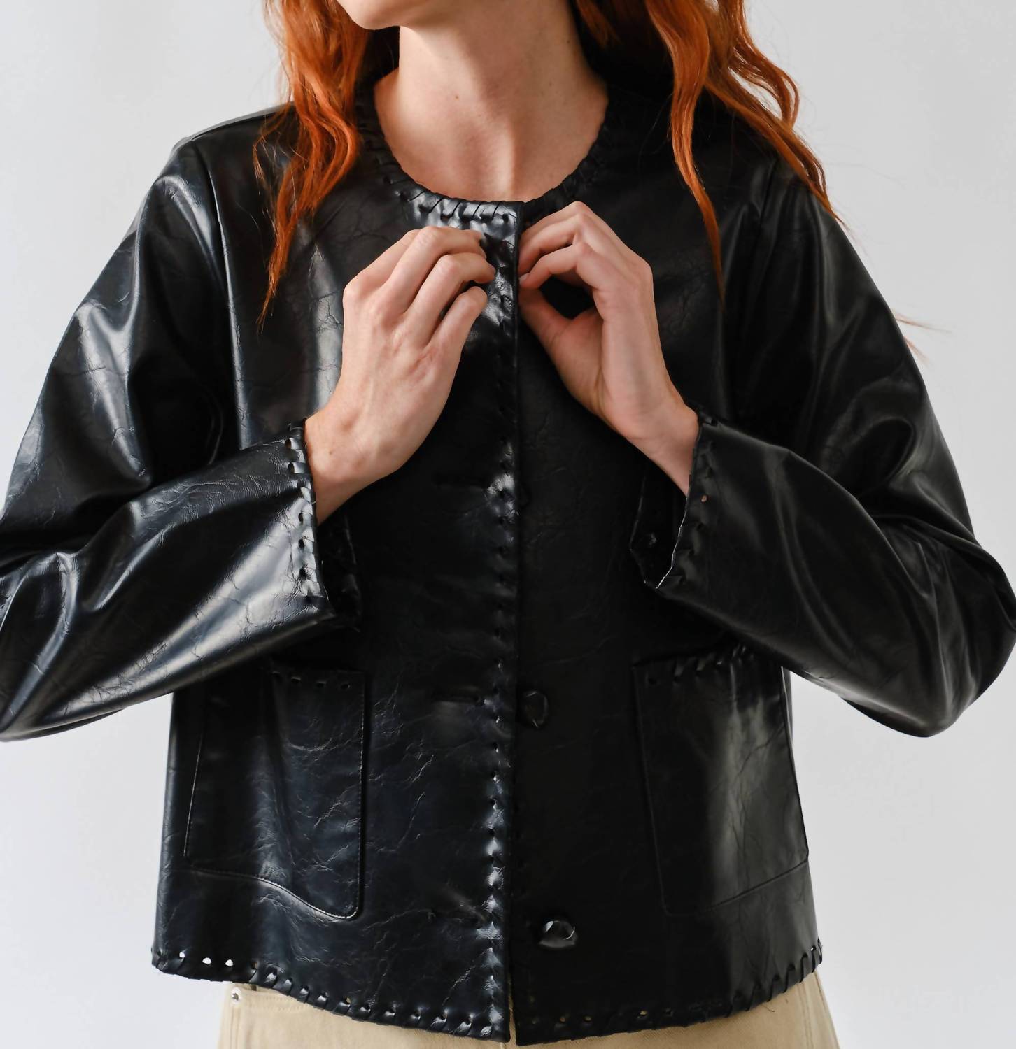 Aaron & Amber - Whipstitch Faux Leather Jacket