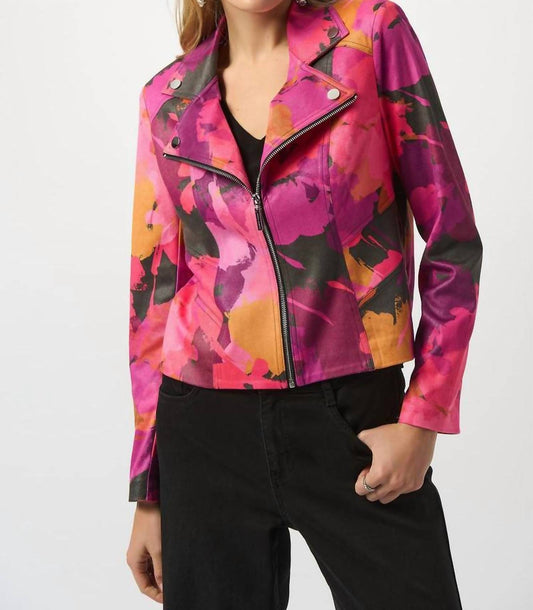 Joseph Ribkoff - Foiled Faux Suede Abstract Print Fitted Jacket