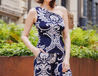 Clara Sun Woo one shoulder top in navy white print - women's tank top