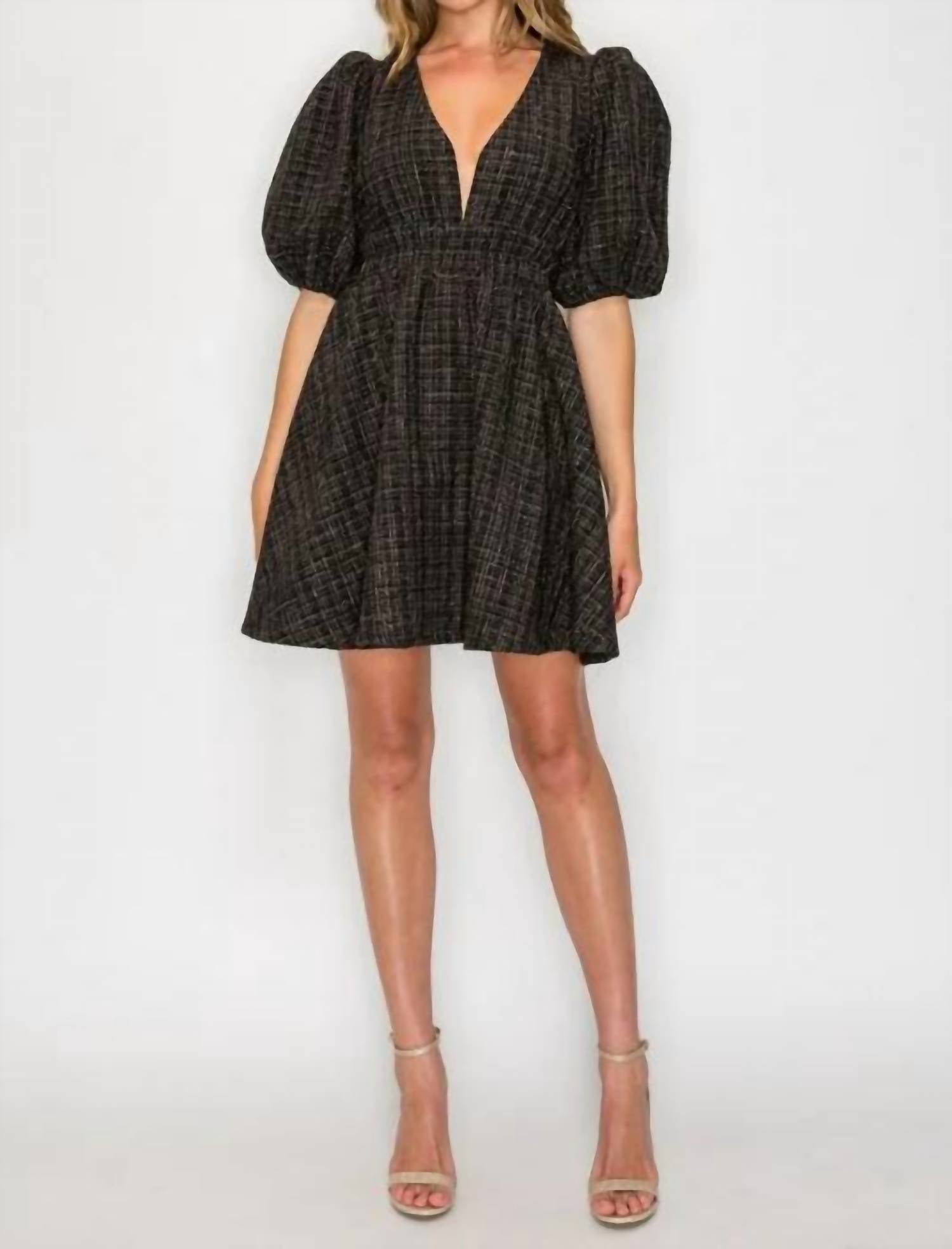 Meet Me In Santorini - Ebony Tweed Puff Sleeve Dress