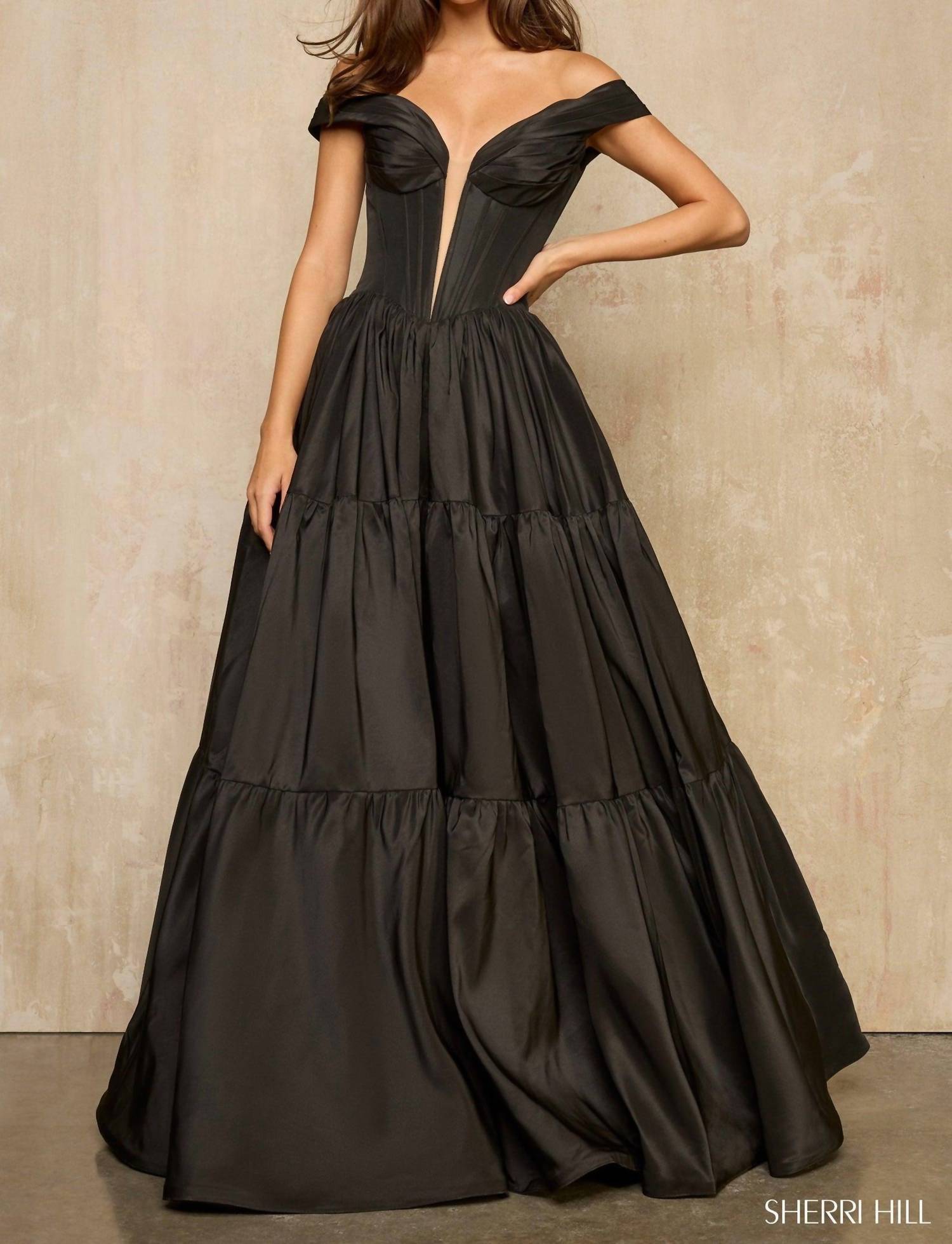 Sherri Hill - Off The Shoulder Ballgown With Deep V Illusion