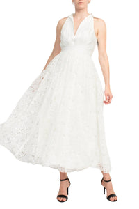 Badgley Mischka - Crepon-paneled Guipure Lace Midi Shirt Dress