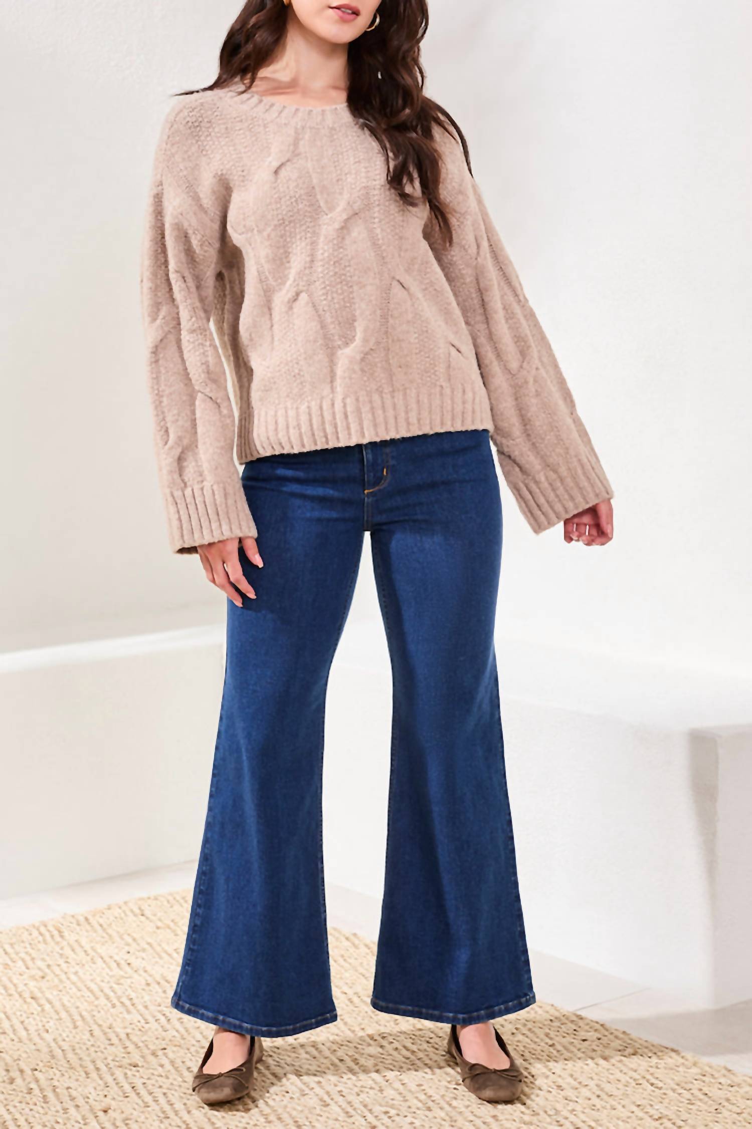 TRIBAL Crewneck Loose Fit Cable Sweater - Plus in heather almond latte - women's sweater