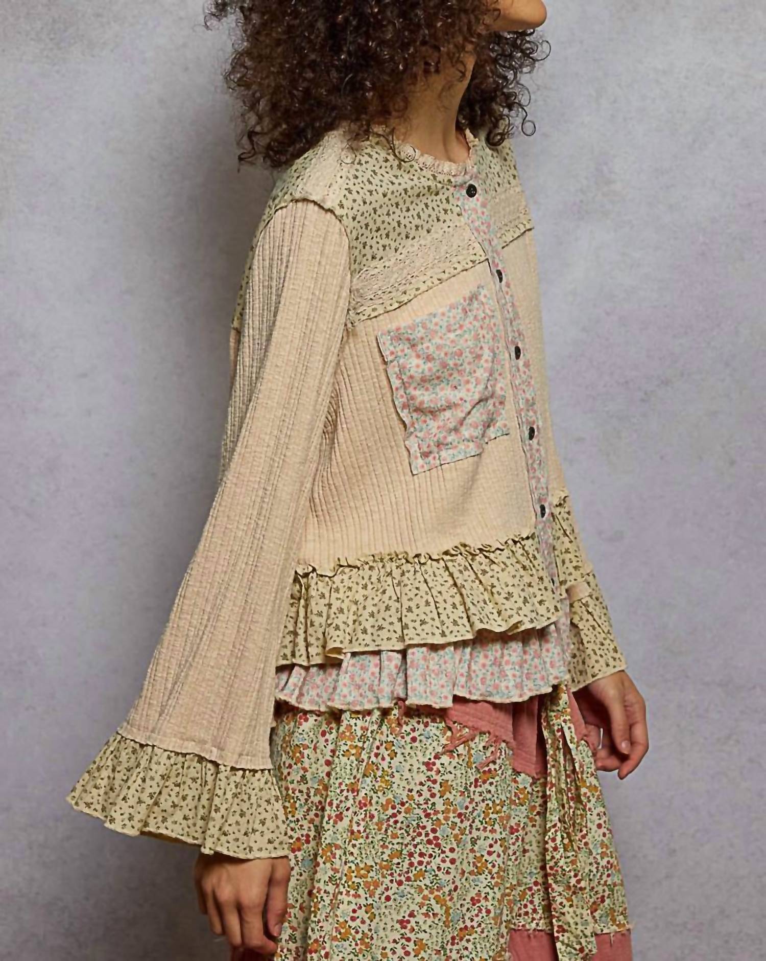 POL Floral Ruffle Full Sleeve Top in cream - women's blouse - alternate view