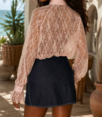 Surelymine - Lace Ruffle Button-up Sheer Blouse