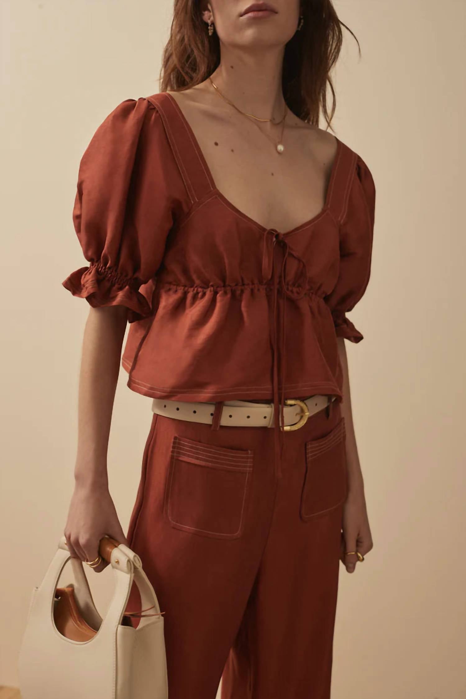 Sancia Lillian Shirred Flare Cuff Top in sienna - women's shirt - alternate view