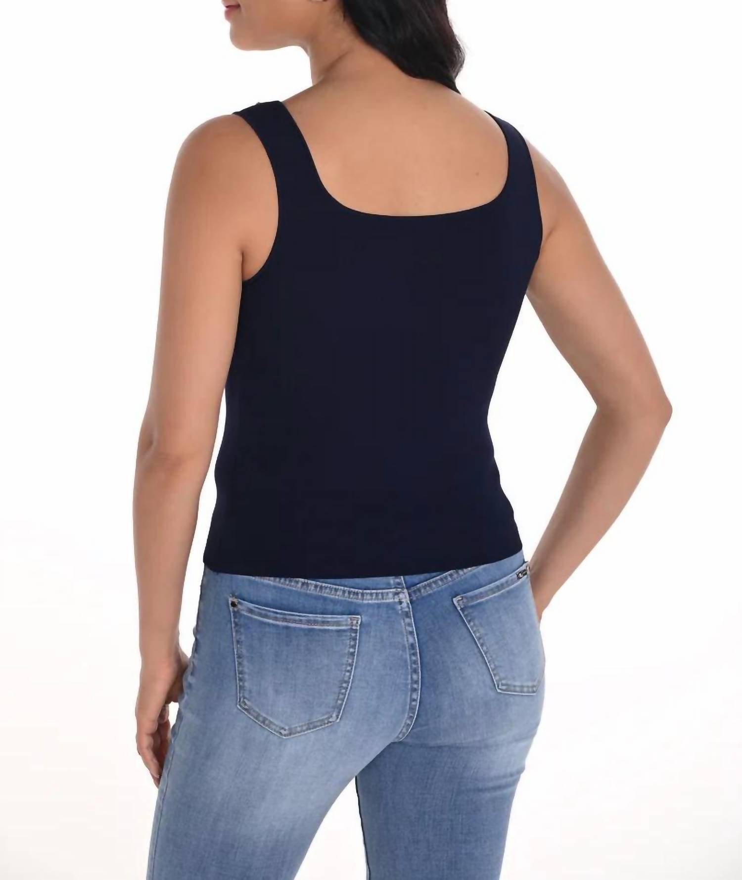 Frank Lyman Kiera Knit Sleeveless Top in navy - women's blouse - detail view